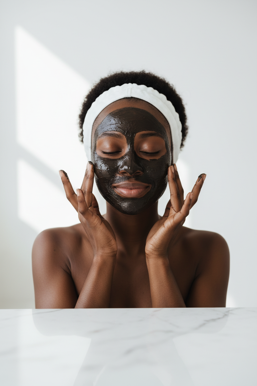 Black woman applying mud mask, empty counter